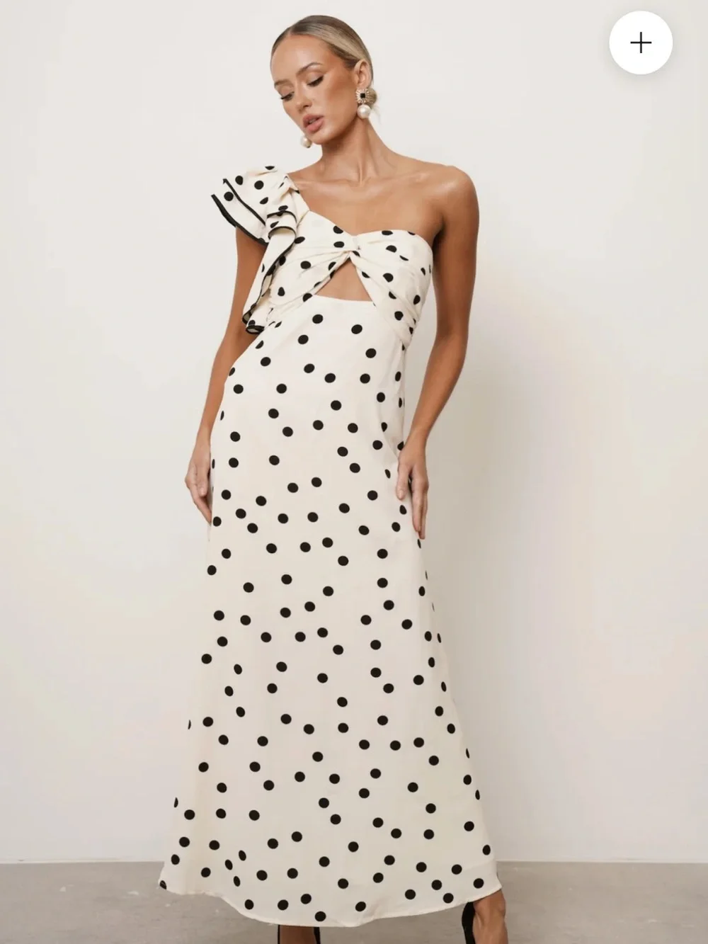 One-Shoulder Cream Polka Dot Maxi Dress with Ruffle Detail - Picture 1 of 5